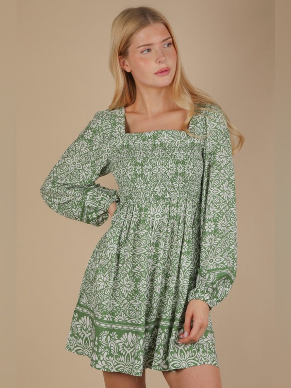 VERY J Printed Smocked Chest Boho Mini Dress